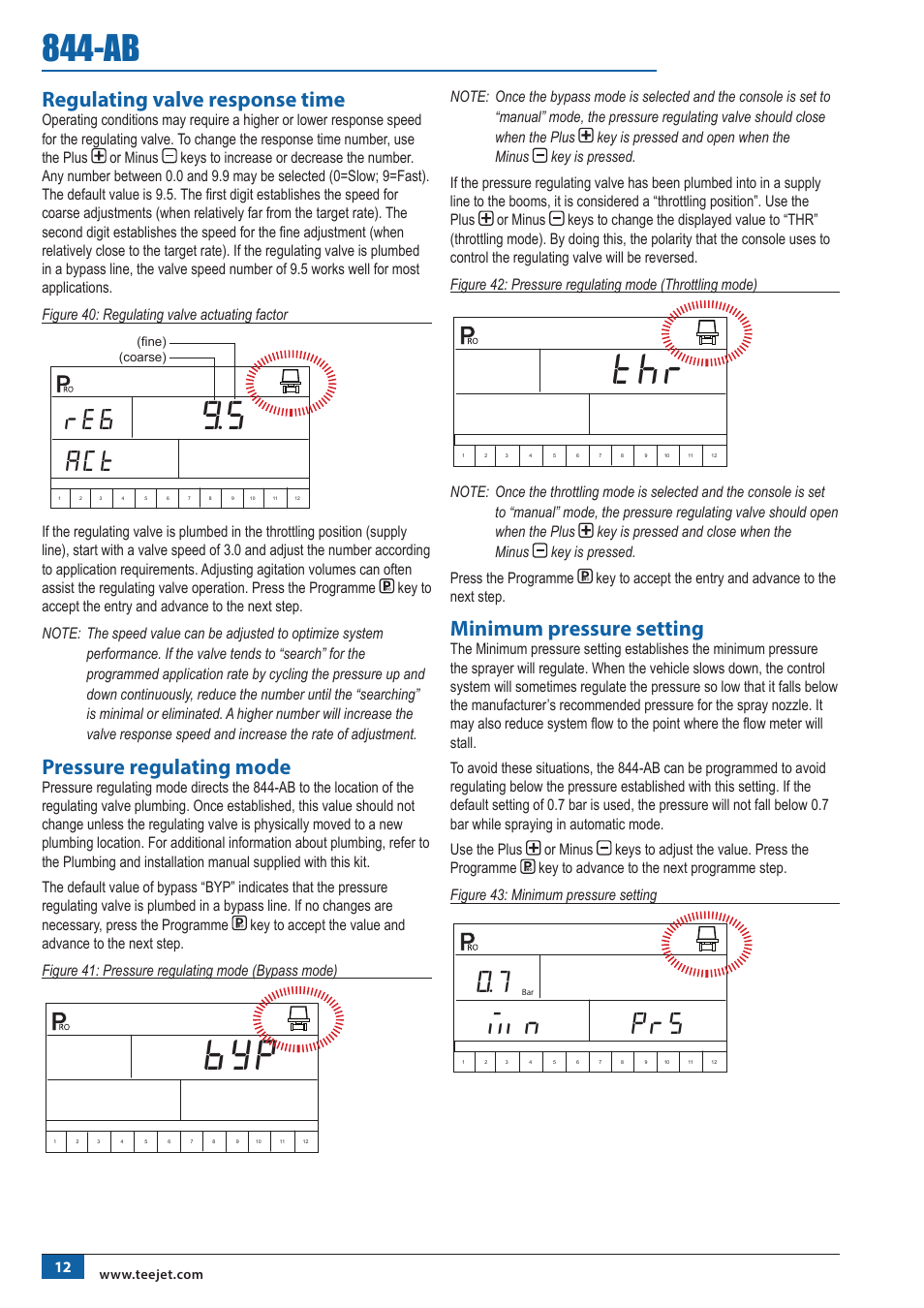 Min prs, Regulating valve response time, Pressure regulating mode | Minimum pressure setting | TeeJet 844-AB Sprayer Control User Manual | Page 14 / 24