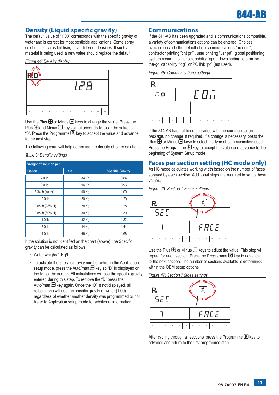 Fa[e 1 se, Fa[e 7 se, Density (liquid specific gravity) | Communications | TeeJet 844-AB Sprayer Control User Manual | Page 15 / 24