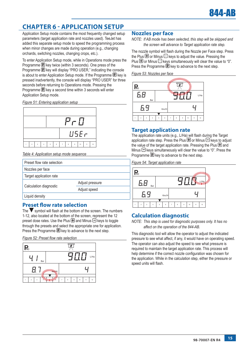 User, Chapter 6 - application setup, Preset flow rate selection | Nozzles per face, Target application rate, Calculation diagnostic | TeeJet 844-AB Sprayer Control User Manual | Page 17 / 24