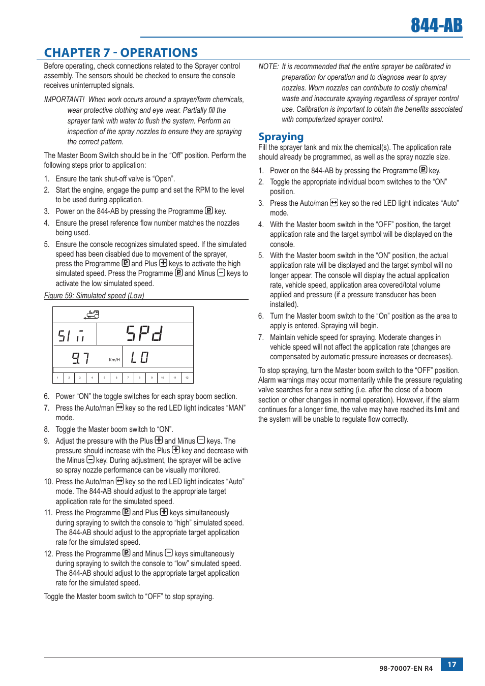 Lo sim 9.7, Chapter 7 - operations, Spraying | TeeJet 844-AB Sprayer Control User Manual | Page 19 / 24