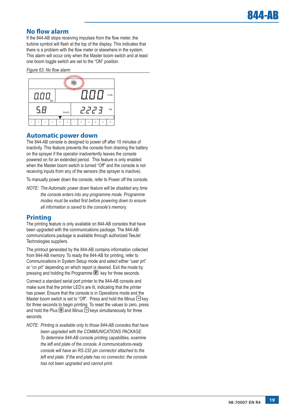 No flow alarm, Automatic power down, Printing | TeeJet 844-AB Sprayer Control User Manual | Page 21 / 24