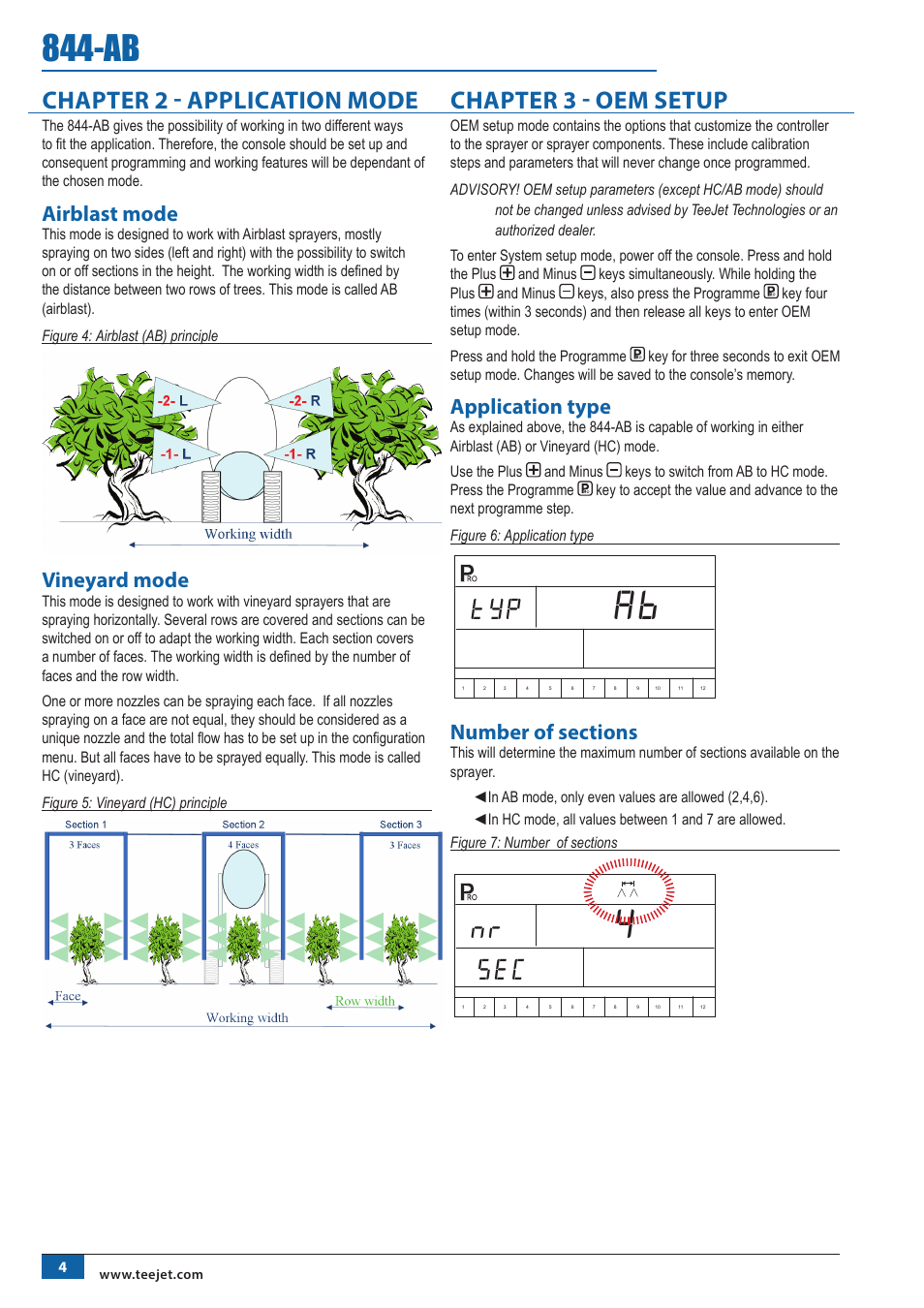 Nr se, Chapter 2 - application mode, Chapter 3 - oem setup | Airblast mode, Vineyard mode, Application type | TeeJet 844-AB Sprayer Control User Manual | Page 6 / 24