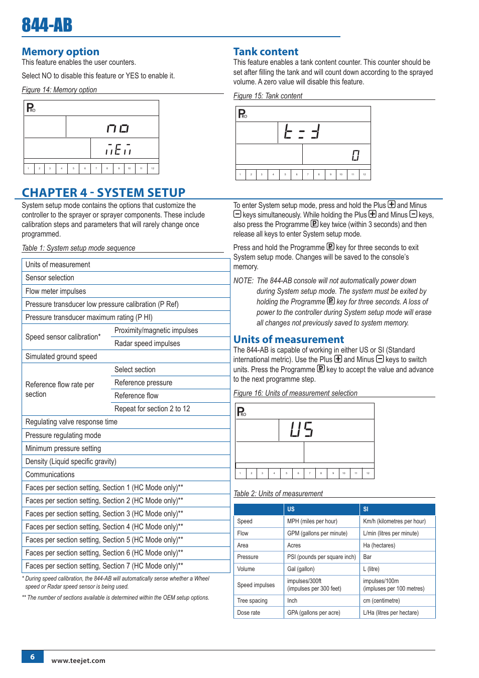 T== 1, Chapter 4 - system setup, Tank content | Units of measurement | TeeJet 844-AB Sprayer Control User Manual | Page 8 / 24