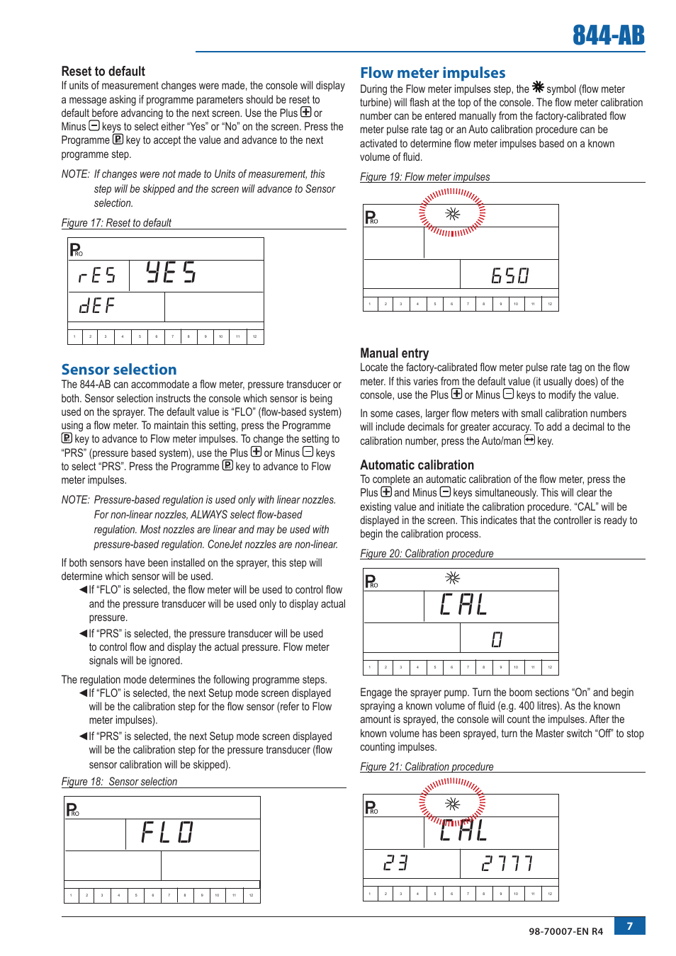 Res def, Sensor selection, Flow meter impulses | Reset to default, Manual entry, Automatic calibration | TeeJet 844-AB Sprayer Control User Manual | Page 9 / 24