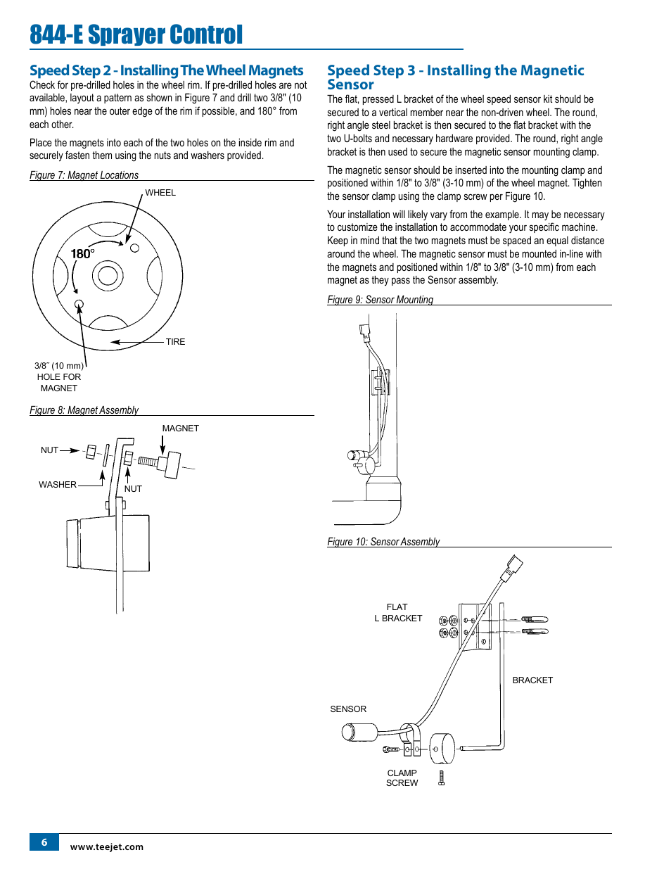 Speed step 2 - installing the wheel magnets, Speed step 3 - installing the magnetic sensor, E sprayer control | TeeJet 844-E Sprayer Control User Manual | Page 10 / 36