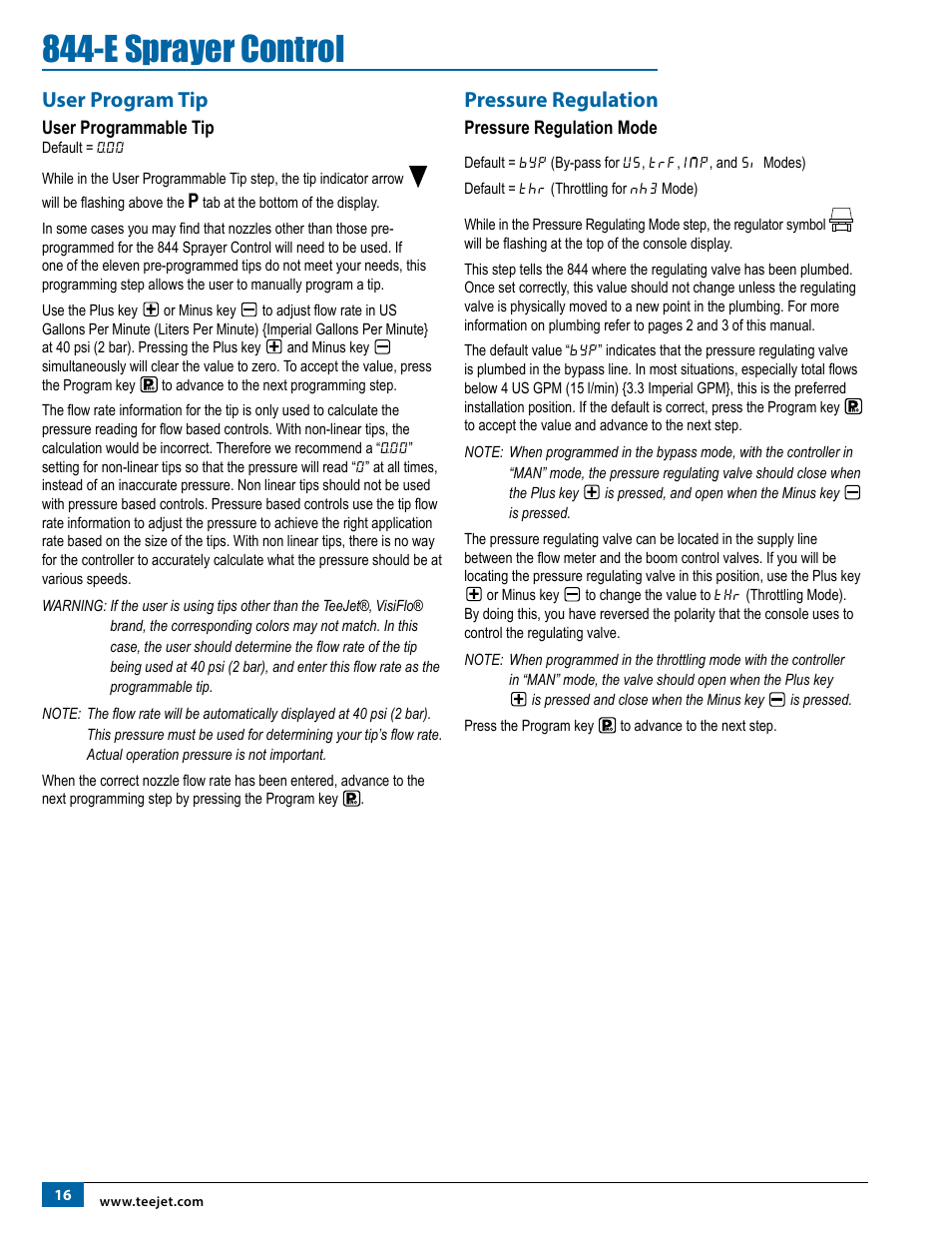 User program tip, User programmable tip, Pressure regulation | Pressure regulation mode, E sprayer control | TeeJet 844-E Sprayer Control User Manual | Page 20 / 36