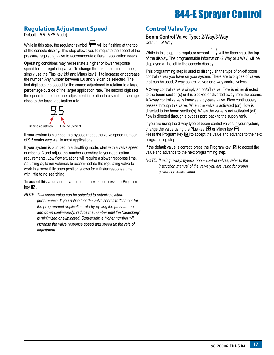 Regulation adjustment speed, Control valve type, Boom control valve type: 2-way/3-way | Regulation adjustment speed control valve type, E sprayer control | TeeJet 844-E Sprayer Control User Manual | Page 21 / 36