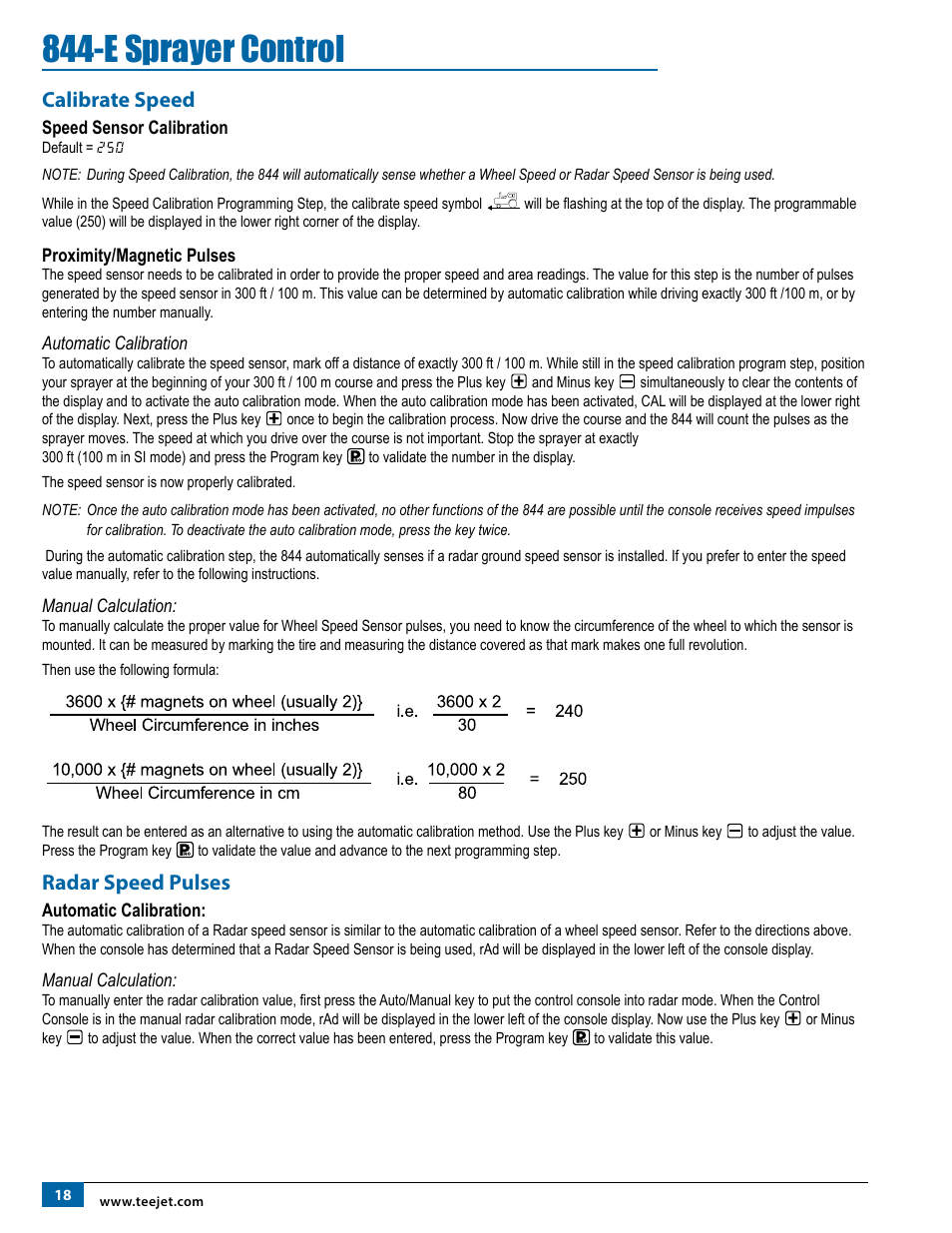 Calibrate speed, Speed sensor calibration, Proximity/magnetic pulses | Automatic calibration, Manual calculation, Radar speed pulses, Speed sensor calibration proximity/magnetic pulses, Automatic calibration manual calculation, E sprayer control | TeeJet 844-E Sprayer Control User Manual | Page 22 / 36