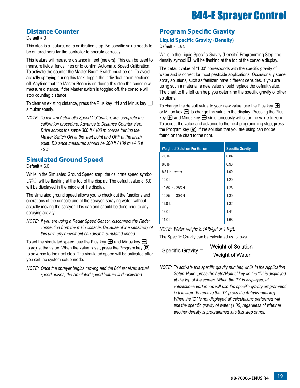 Distance counter, Simulated ground speed, Program specific gravity | Liquid specific gravity (density), E sprayer control | TeeJet 844-E Sprayer Control User Manual | Page 23 / 36