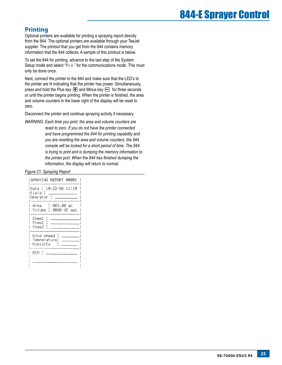 Printing, E sprayer control | TeeJet 844-E Sprayer Control User Manual | Page 29 / 36