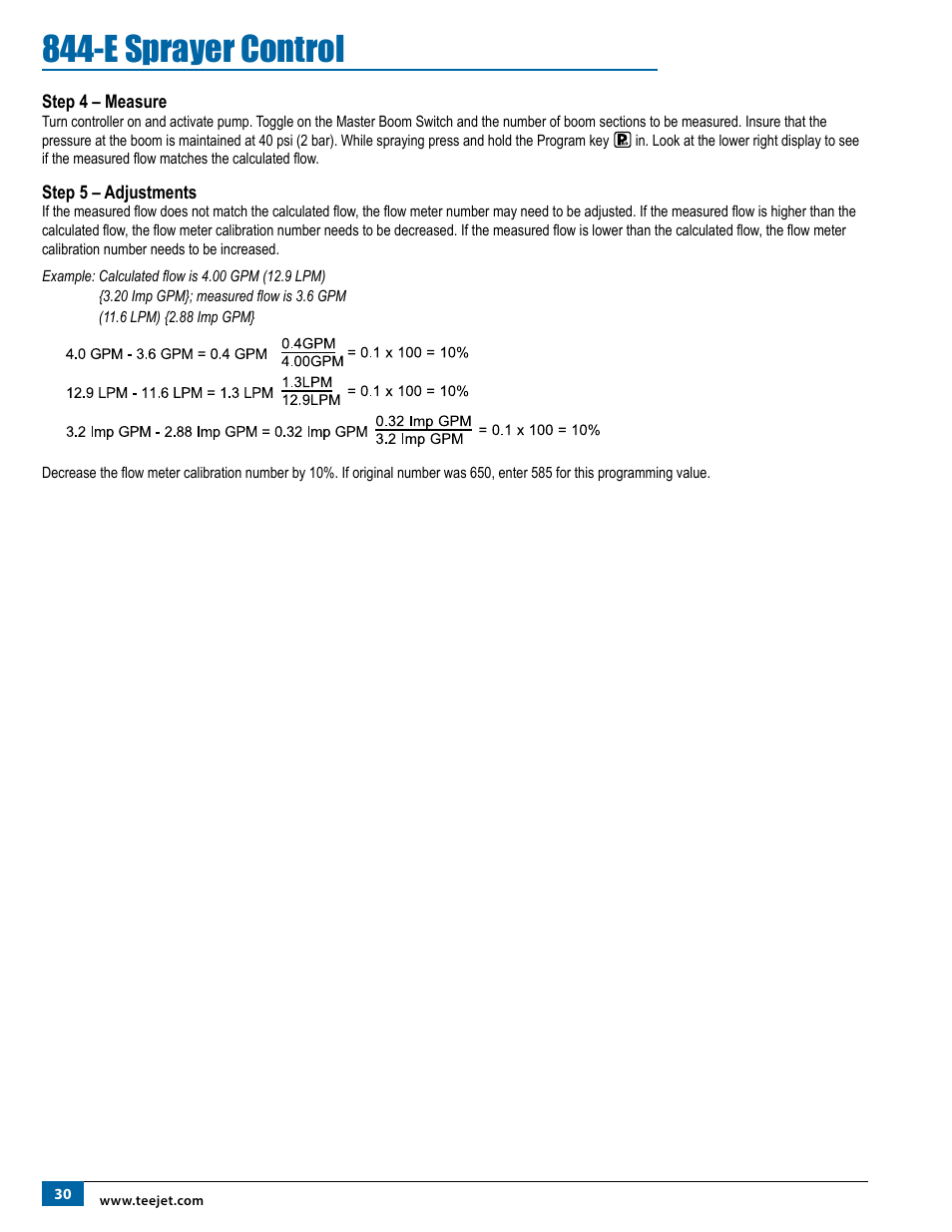 Step 4 – measure, Step 5 – adjustments, Step 4 – measure step 5 – adjustments | E sprayer control | TeeJet 844-E Sprayer Control User Manual | Page 34 / 36