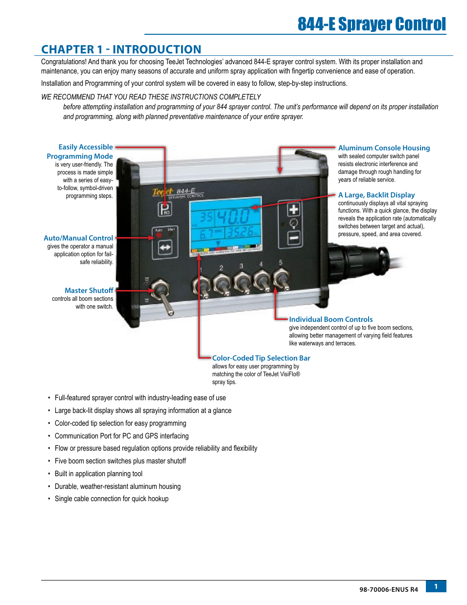 Chapter 1 - introduction, E sprayer control | TeeJet 844-E Sprayer Control User Manual | Page 5 / 36