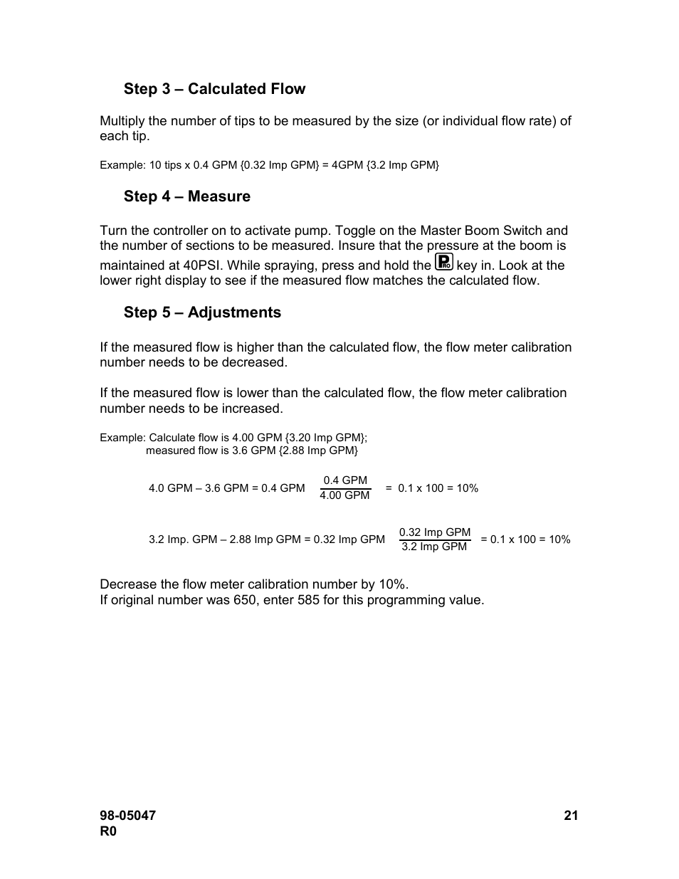 Step 3 – calculated flow, Step 4 – measure, Step 5 – adjustments | TeeJet 844-R Speed Compensated Application Control User Manual | Page 21 / 32