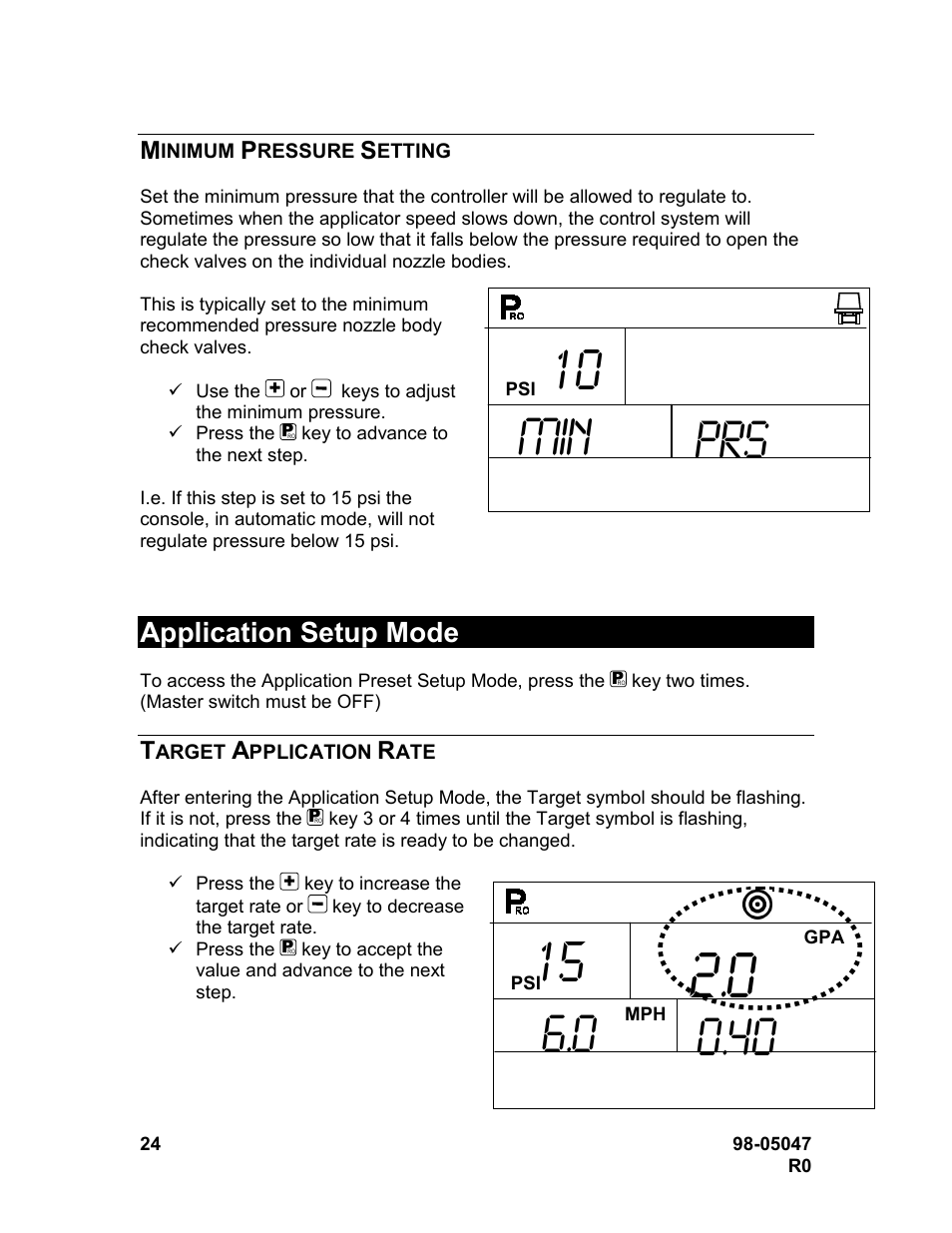 Min prs, Application setup mode | TeeJet 844-R Speed Compensated Application Control User Manual | Page 24 / 32