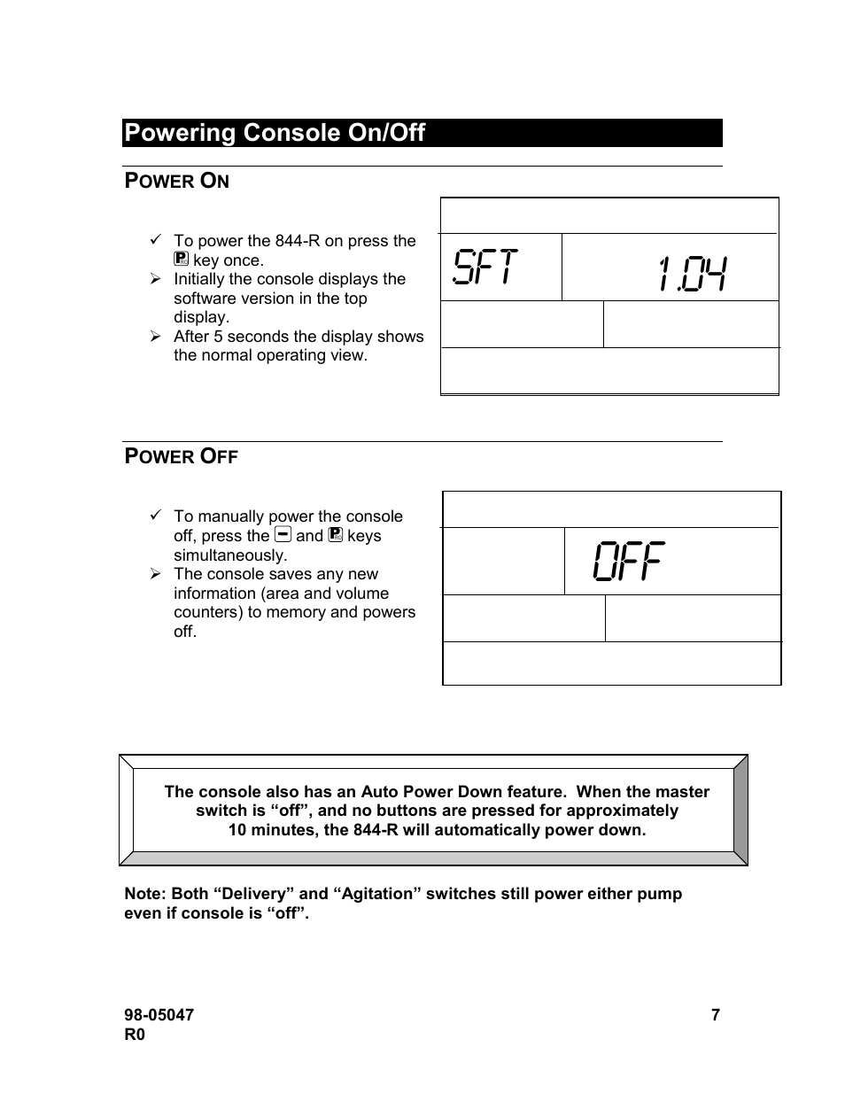 04 sft, Powering console on/off | TeeJet 844-R Speed Compensated Application Control User Manual | Page 7 / 32