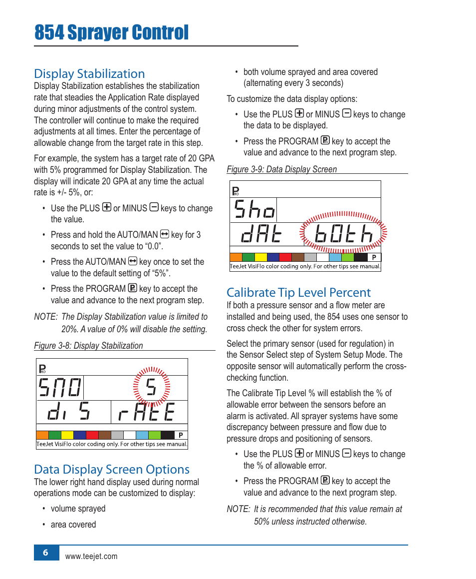 S o dis rate, Dat both, 854 sprayer control | Display.stabilization, Data.display.screen.options, Calibrate.tip.level.percent | TeeJet 854 Sprayer Control User Manual | Page 11 / 52