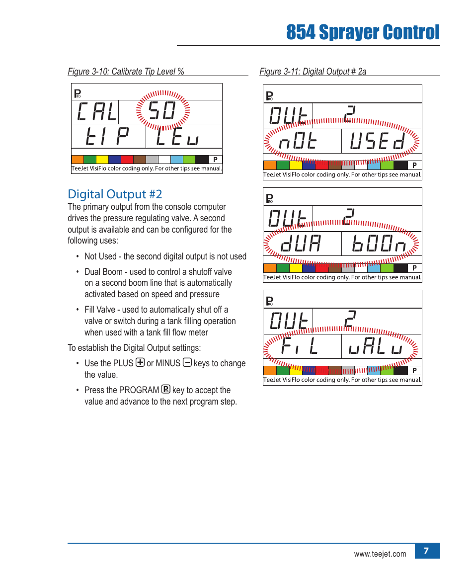 Cal 50 tip lev, Out 2 not used out 2 out 2 dua boon fil valv, 854 sprayer control | TeeJet 854 Sprayer Control User Manual | Page 12 / 52