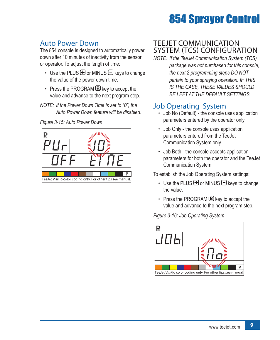 Pur 10 off, 854 sprayer control, Auto.power.down | Job.operating..system | TeeJet 854 Sprayer Control User Manual | Page 14 / 52