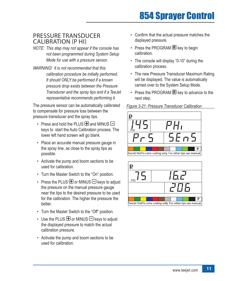 145 phi prs sens, 854 sprayer control, Pressure.transducer. calibration.(p.hi) | TeeJet 854 Sprayer Control User Manual | Page 16 / 52