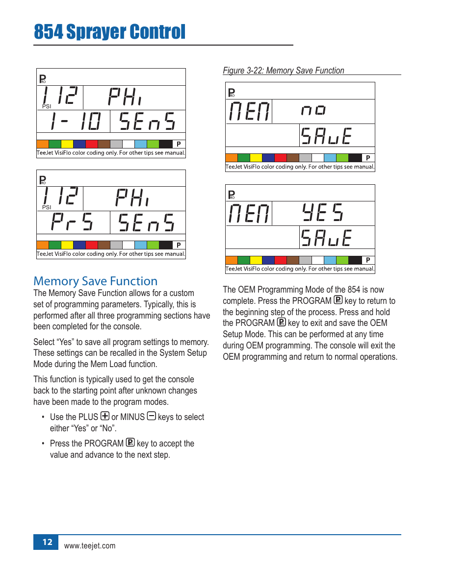 112 phi prs sens, Save, 854 sprayer control | TeeJet 854 Sprayer Control User Manual | Page 17 / 52