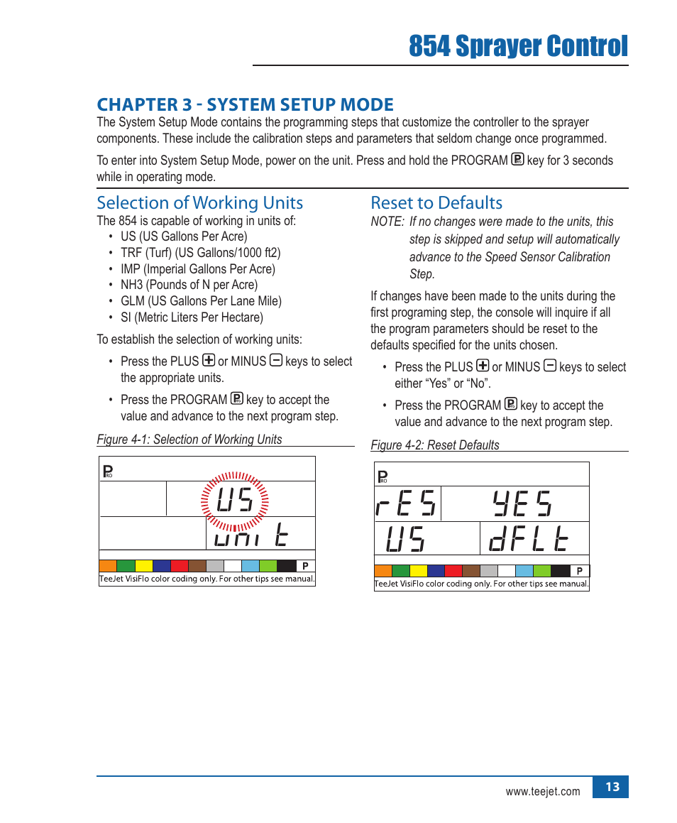 Dflt yes us res, Vnit us, 854 sprayer control | TeeJet 854 Sprayer Control User Manual | Page 18 / 52