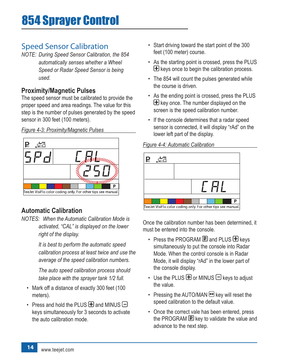 250 cal spd, 854 sprayer control, Speed.sensor.calibration | TeeJet 854 Sprayer Control User Manual | Page 19 / 52