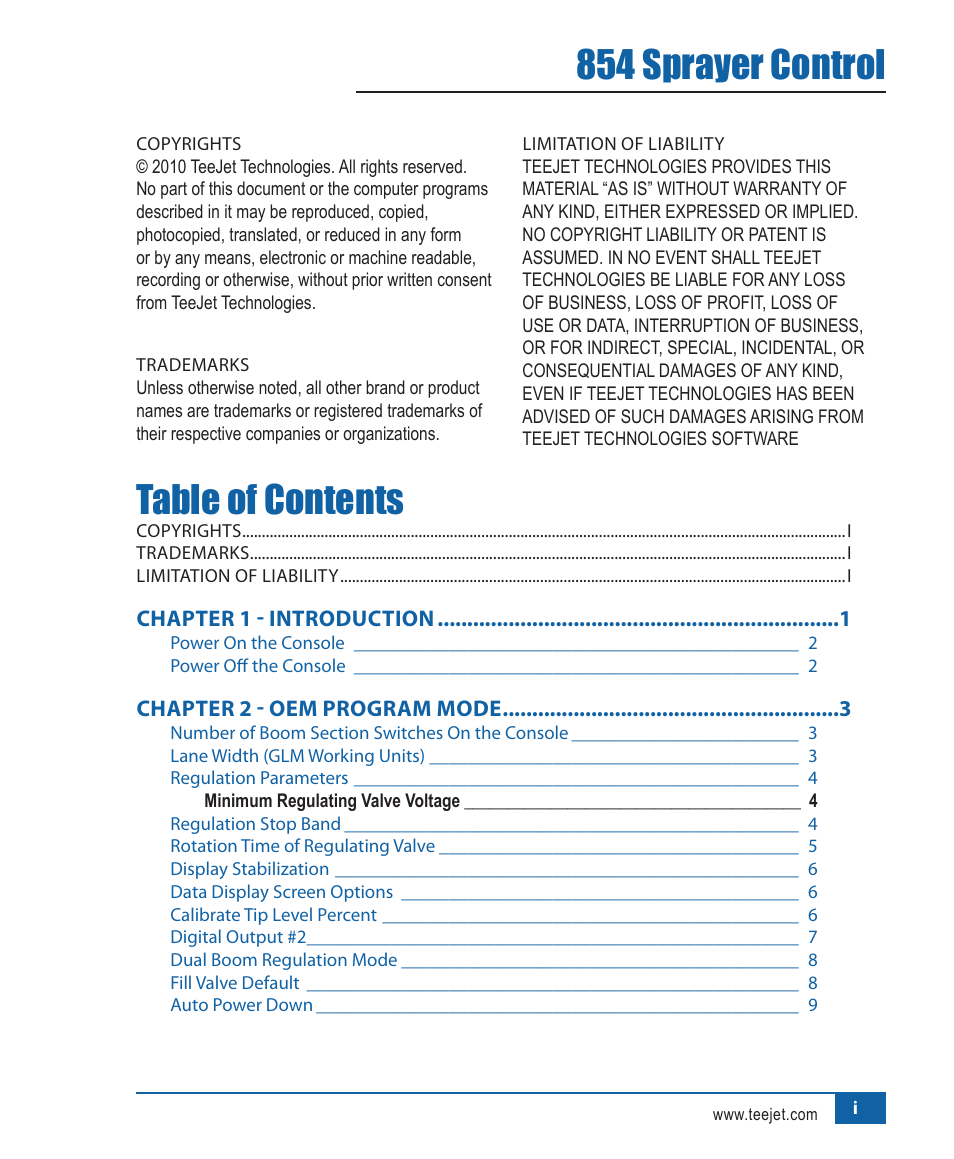 854 sprayer control table of contents | TeeJet 854 Sprayer Control User Manual | Page 2 / 52