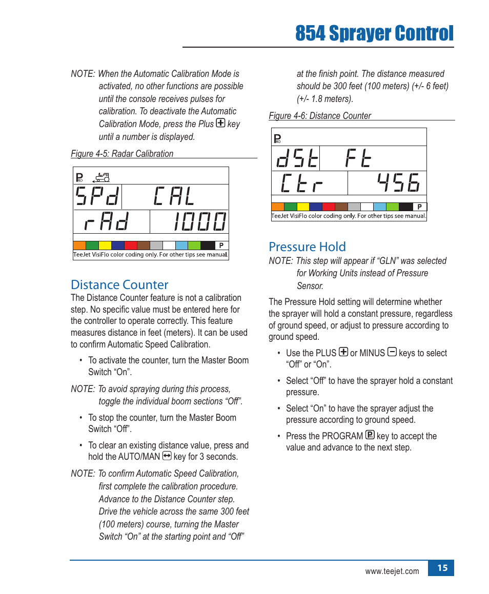 1000 spd cal rad, Ft ctr 456 dst, 854 sprayer control | TeeJet 854 Sprayer Control User Manual | Page 20 / 52