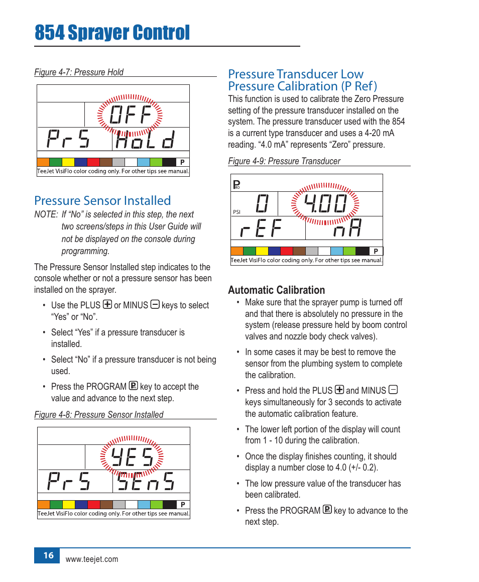 Off prs, Yes prs sens, 00 ref na 0 | 854 sprayer control | TeeJet 854 Sprayer Control User Manual | Page 21 / 52