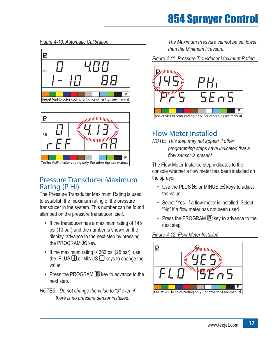 13 ref na 0, Prs sens 145, Flo sens yes | 854 sprayer control | TeeJet 854 Sprayer Control User Manual | Page 22 / 52