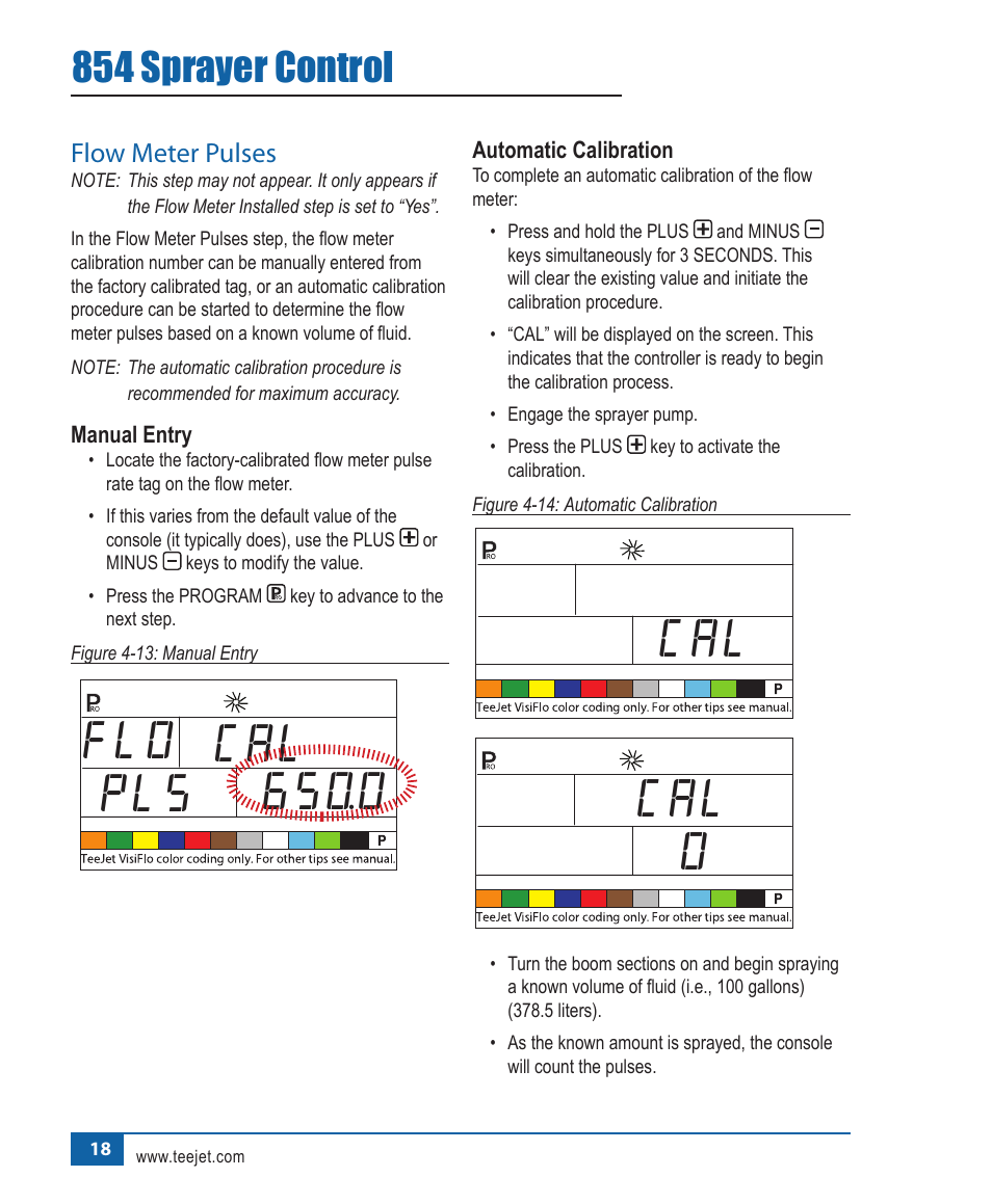 Pls 650.0 cal flo, Cal 0, 854 sprayer control | TeeJet 854 Sprayer Control User Manual | Page 23 / 52