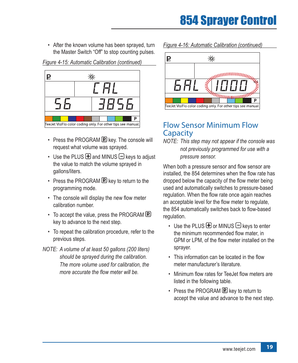 854 sprayer control, Flow.sensor.minimum.flow. capacity | TeeJet 854 Sprayer Control User Manual | Page 24 / 52