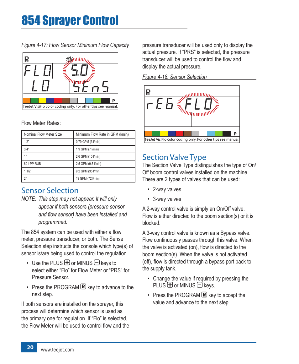 Sens lo 5.0 flo, Flo re6, 854 sprayer control | Sensor.selection | TeeJet 854 Sprayer Control User Manual | Page 25 / 52