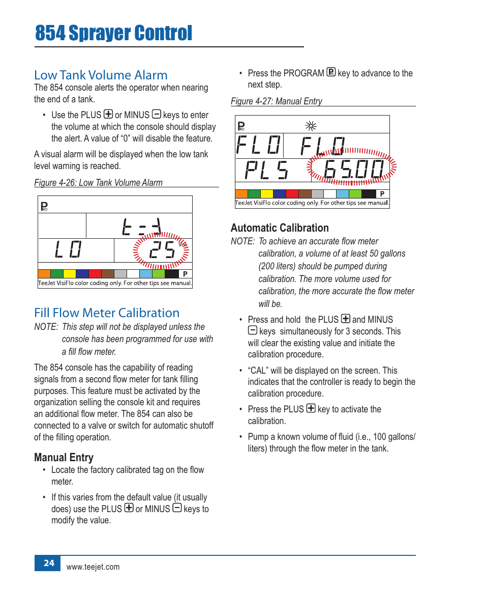 Pls 65.00 flo flo, 25 lo, 854 sprayer control | Low.tank.volume.alarm, Fill.flow.meter.calibration | TeeJet 854 Sprayer Control User Manual | Page 29 / 52