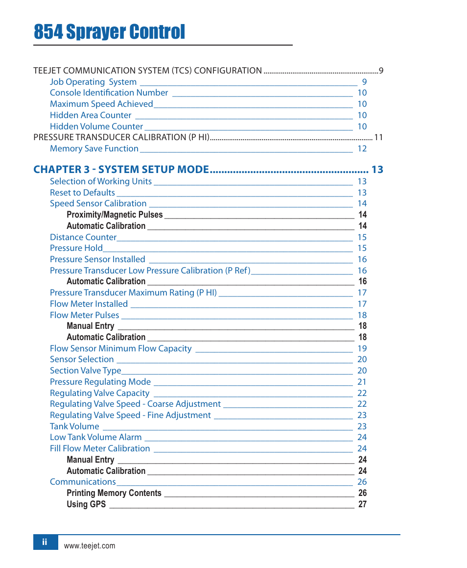 854 sprayer control, Chapter 3 - system setup mode | TeeJet 854 Sprayer Control User Manual | Page 3 / 52