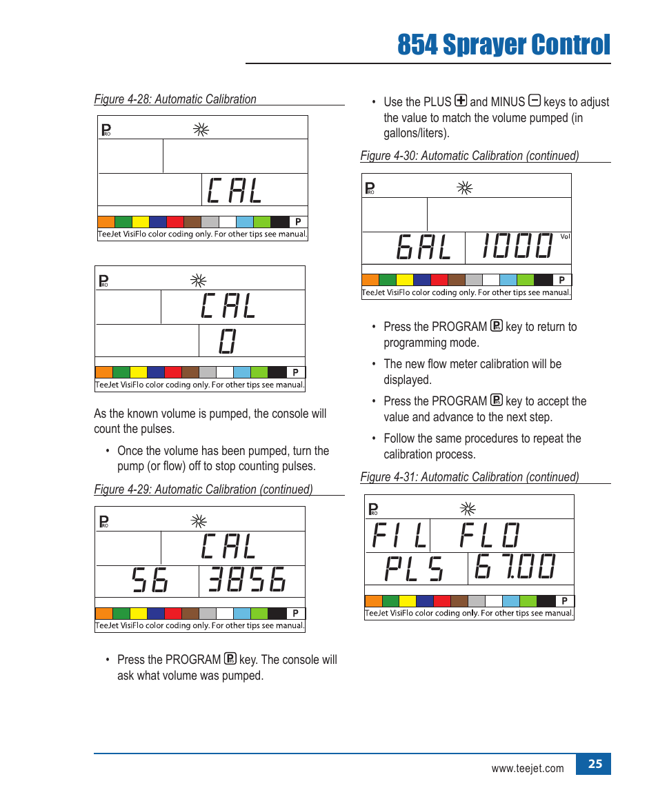 Cal 0, Fil 67.00 pls flo, 854 sprayer control | TeeJet 854 Sprayer Control User Manual | Page 30 / 52