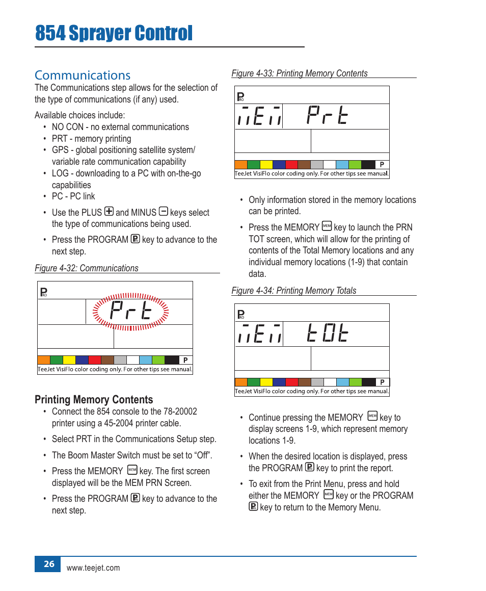 Prt mem, Tot mem, 854 sprayer control | Communications | TeeJet 854 Sprayer Control User Manual | Page 31 / 52