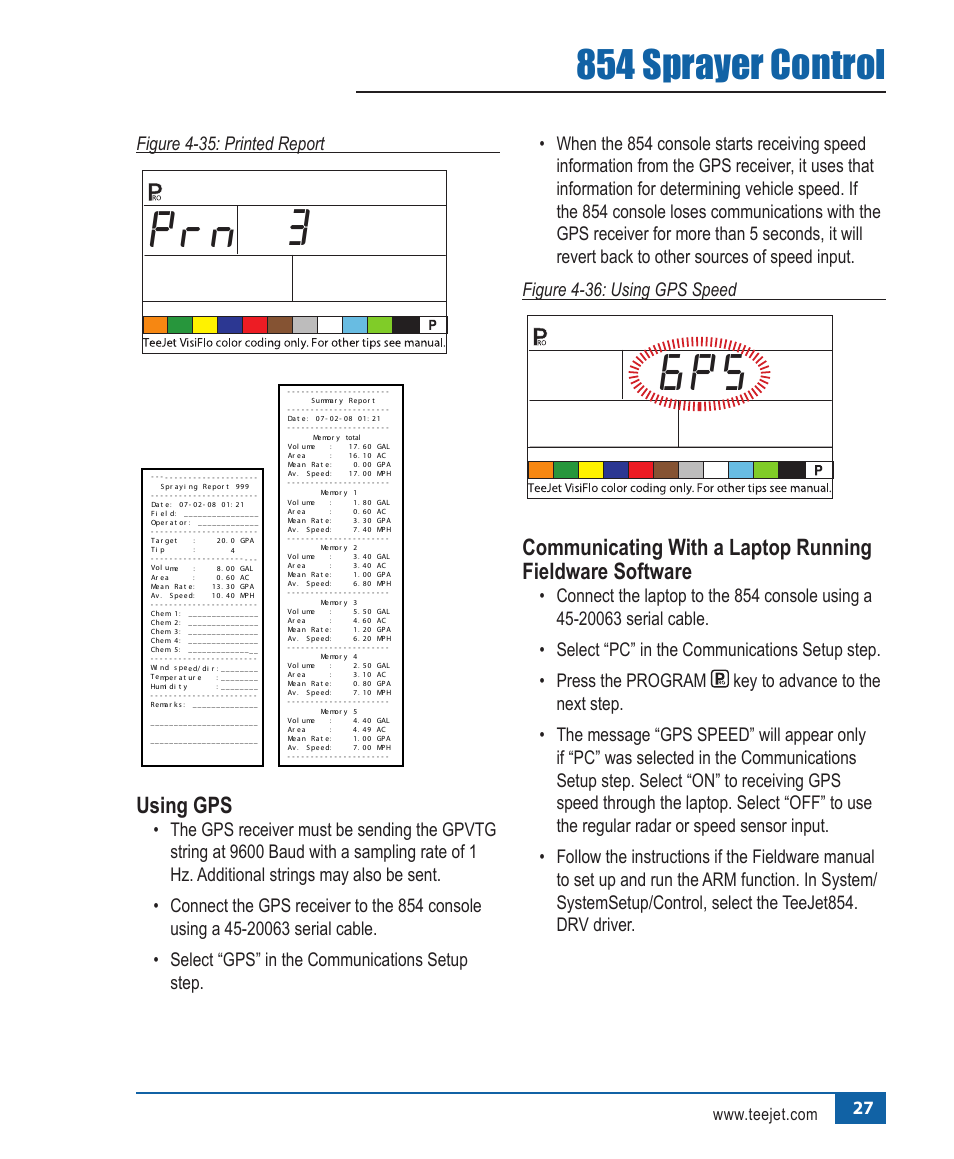 3prn, 854 sprayer control, Using gps | Figure 4-35: printed report | TeeJet 854 Sprayer Control User Manual | Page 32 / 52