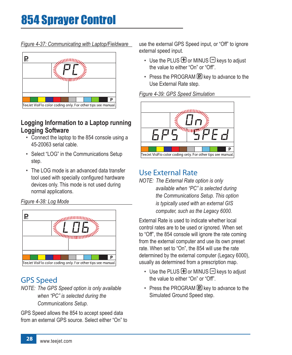 On 6ps sped, 854 sprayer control, Gps.speed | Use.external.rate | TeeJet 854 Sprayer Control User Manual | Page 33 / 52