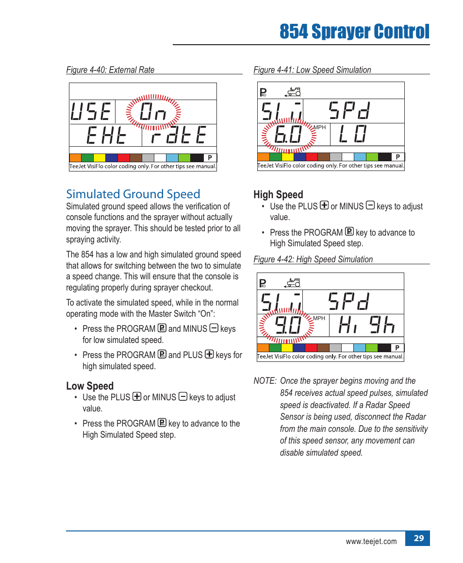 On ext rate use, Spd 6.0 lo sim, Spd 9.0 high sim | 854 sprayer control | TeeJet 854 Sprayer Control User Manual | Page 34 / 52