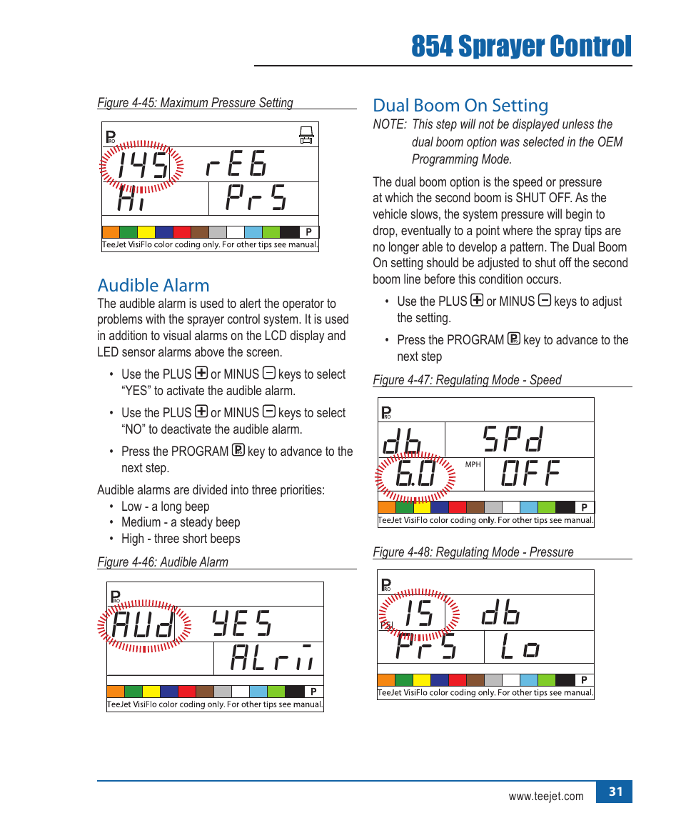 Re6 145 prs hi, Yes aud alrm, Spd db off 6.0 | Db 15 prs, 854 sprayer control | TeeJet 854 Sprayer Control User Manual | Page 36 / 52
