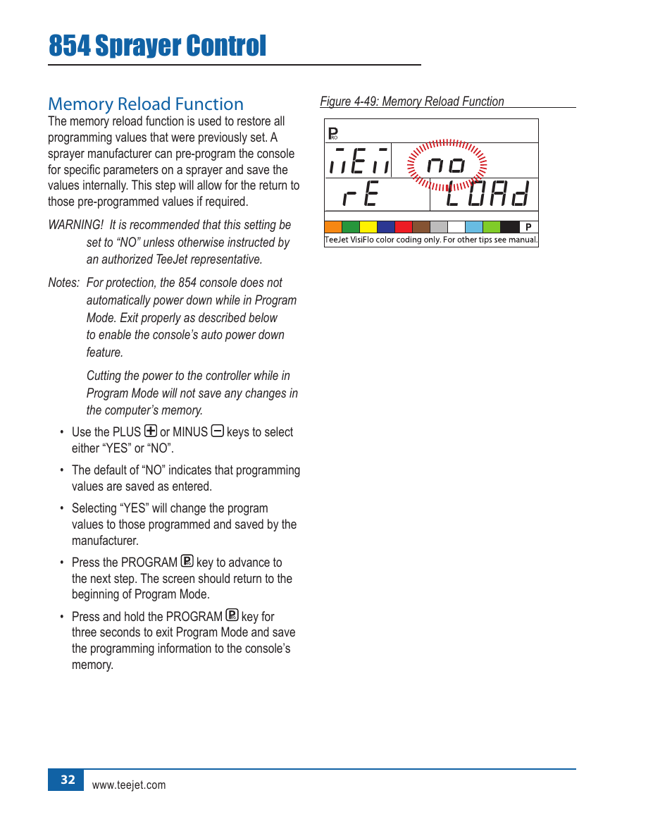 Mem load re, 854 sprayer control | TeeJet 854 Sprayer Control User Manual | Page 37 / 52