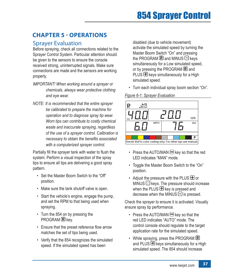 854 sprayer control, Sprayer.evaluation, Chapter 5 - operations | TeeJet 854 Sprayer Control User Manual | Page 42 / 52