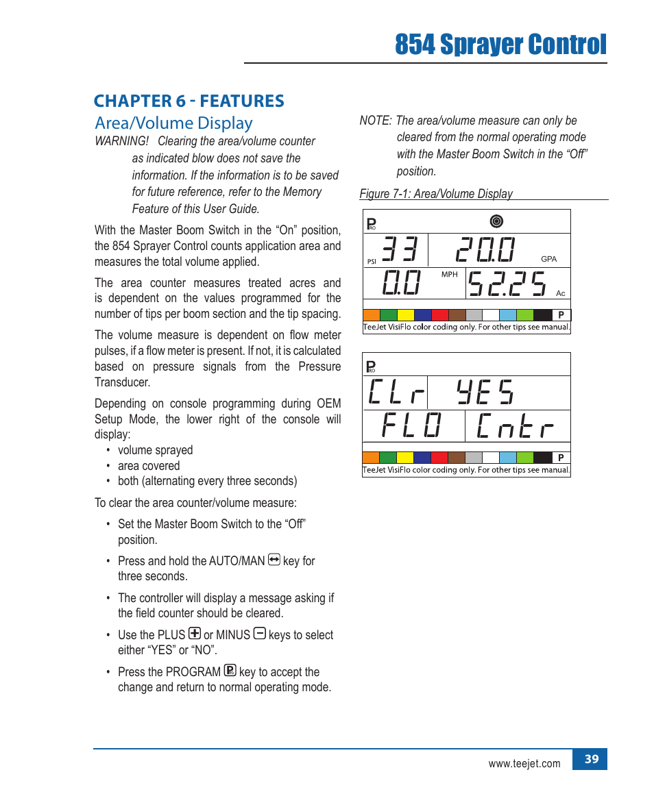 Clr cntr yes flo, 854 sprayer control | TeeJet 854 Sprayer Control User Manual | Page 44 / 52