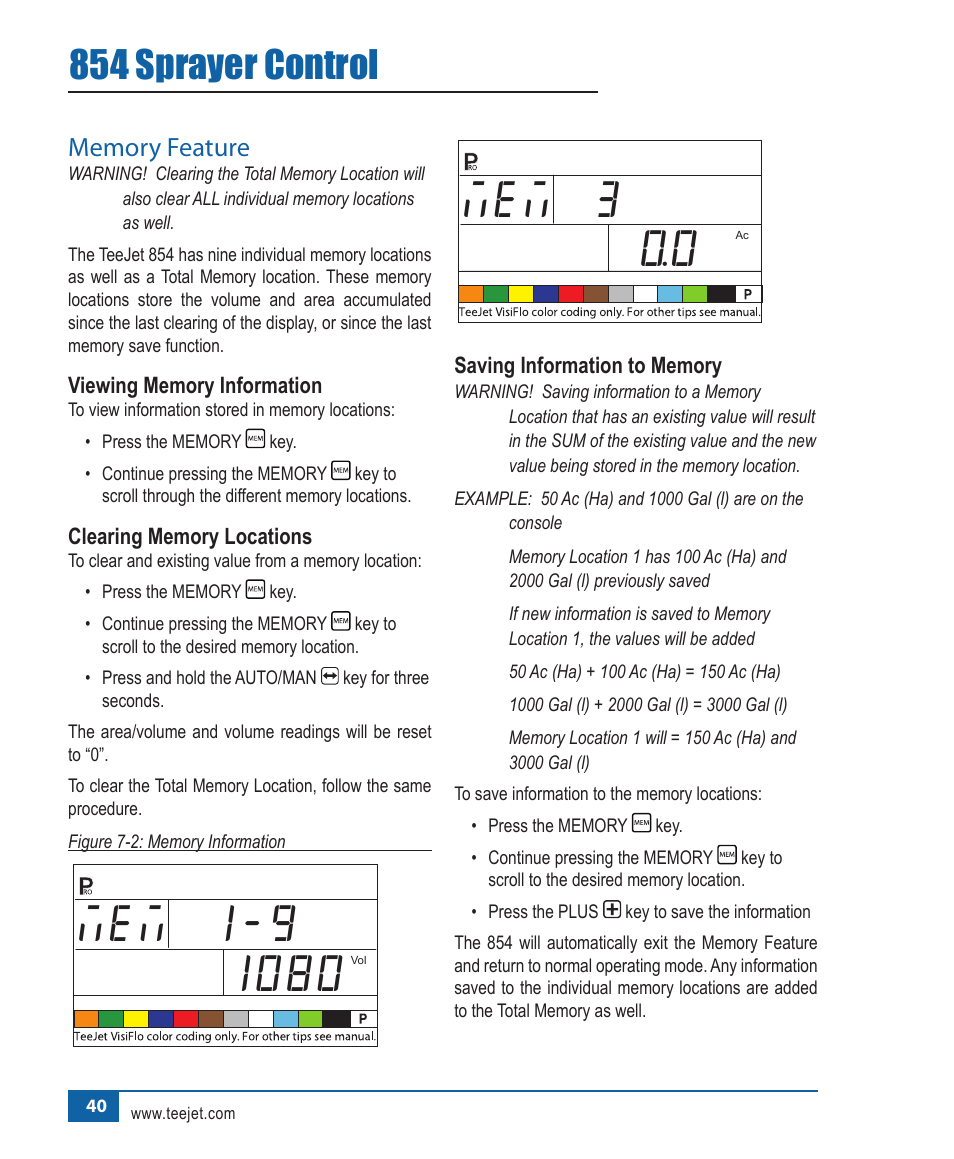 Mem 0.0 3, 854 sprayer control | TeeJet 854 Sprayer Control User Manual | Page 45 / 52