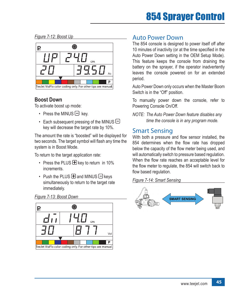 854 sprayer control, Auto.power.down, Smart.sensing | TeeJet 854 Sprayer Control User Manual | Page 50 / 52