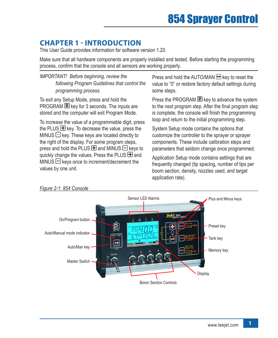 854 sprayer control, Chapter 1 - introduction | TeeJet 854 Sprayer Control User Manual | Page 6 / 52
