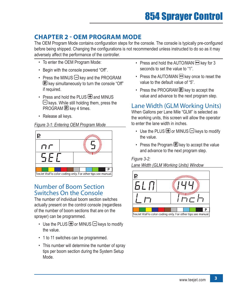 Nr 5, 854 sprayer control, Lane.width.(glm.working.units) | Chapter 2 - oem program mode | TeeJet 854 Sprayer Control User Manual | Page 8 / 52