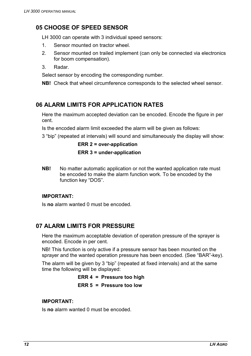 05 choose of speed sensor, 06 alarm limits for application rates, 07 alarm limits for pressure | TeeJet LH 3000 User Manual | Page 12 / 24