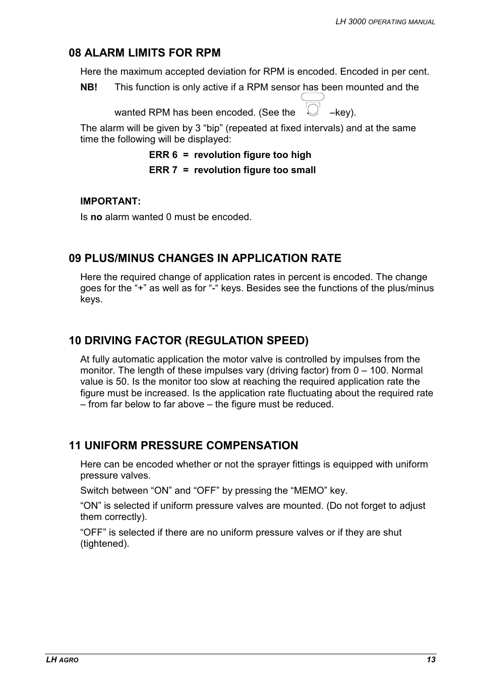 08 alarm limits for rpm, 09 plus/minus changes in application rate, 10 driving factor (regulation speed) | 11 uniform pressure compensation | TeeJet LH 3000 User Manual | Page 13 / 24